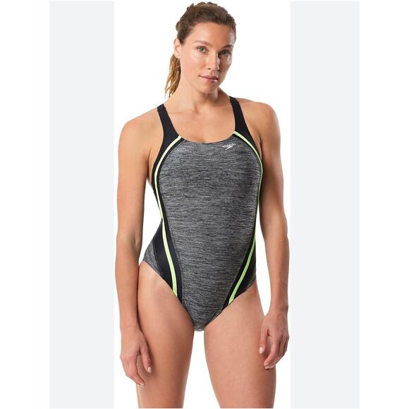 Speedo-high leg cut PowerFlex Eco Quantum Splice One Piece Swimsuit Size 12 NWT - Picture 1 of 8